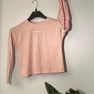 Champion Long sleeve Pink T shirt with Red and White arm stripe Ladies Size S